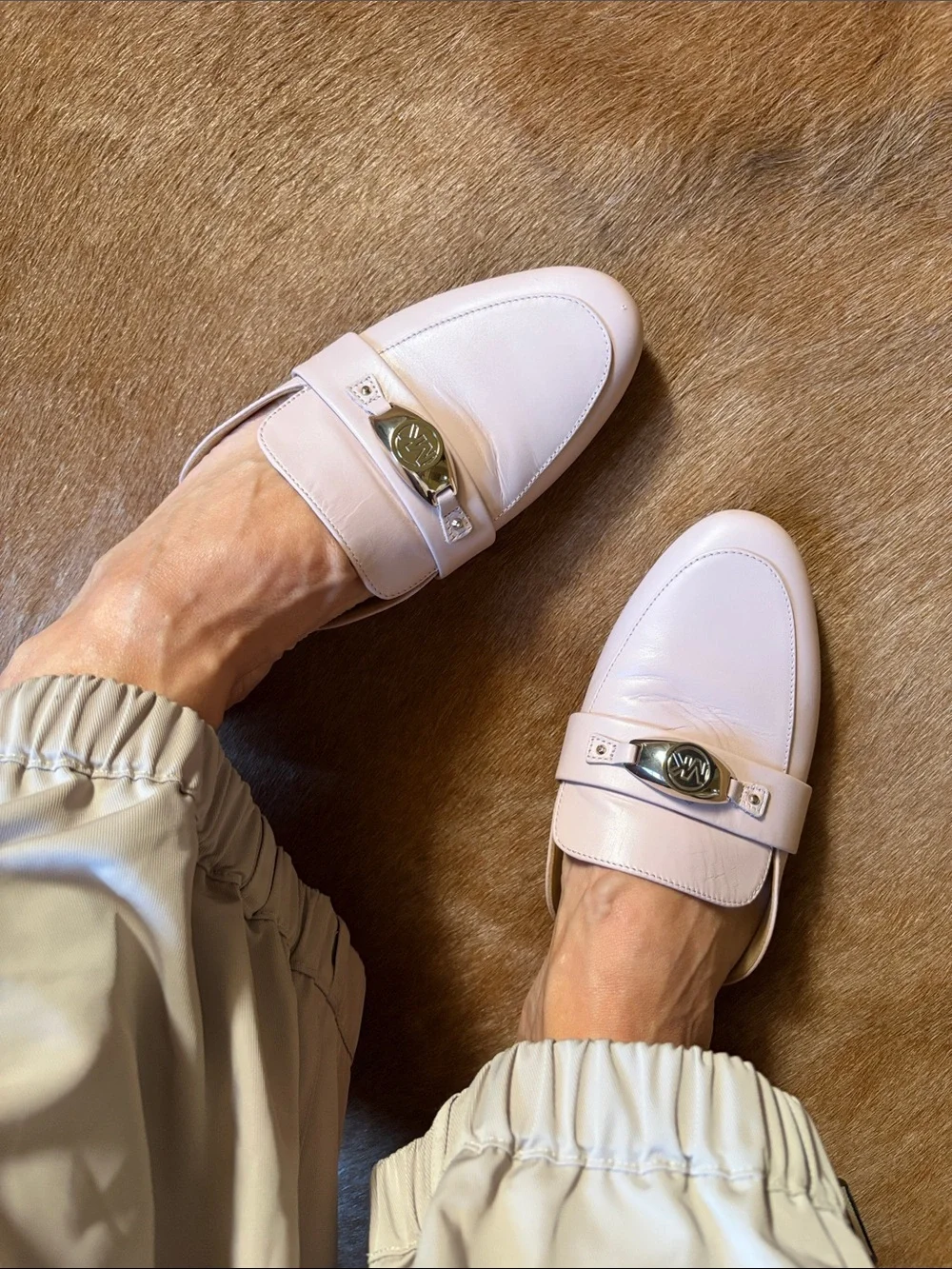 Michael Kors Blush Pink Leather Slip-On Mules with silver MK Accent